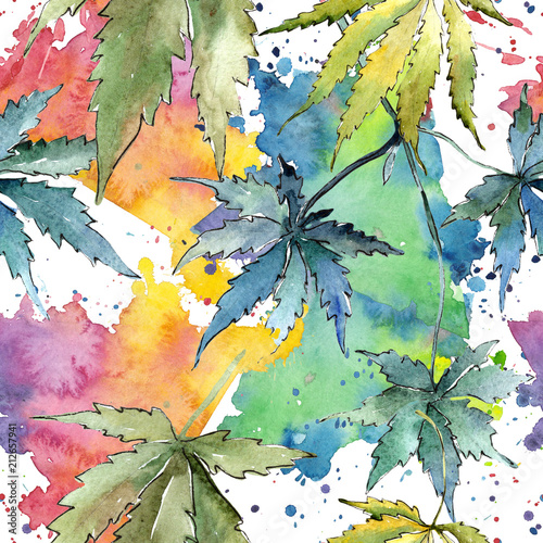 Green cannabis leaves in a watercolor style. Seamless background pattern. Fabric wallpaper print texture. Aquarelle leaf for background, texture, wrapper pattern, frame or border.