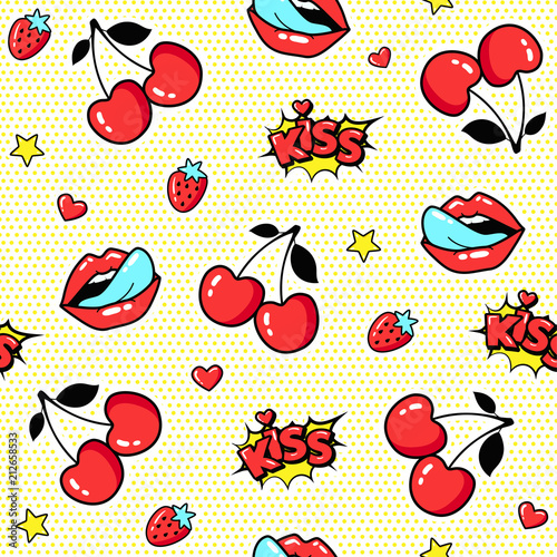 Seamless pattern with cherries and lips in pop art style. Vector illustration