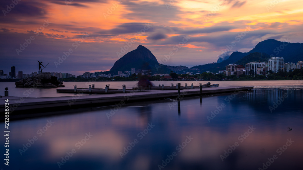 Pier at the city lake of Rio de Janeiro at sunset