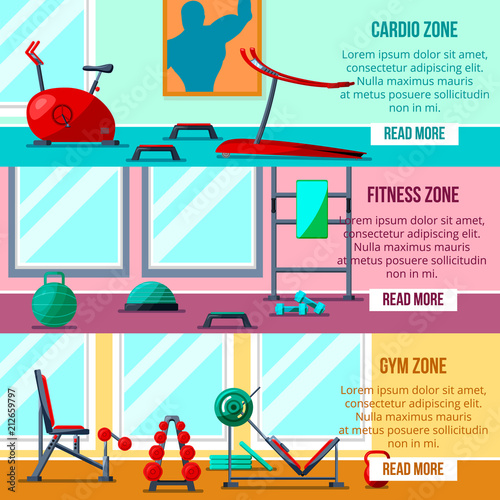 Sport fitness gym indoor interior club banners.Equipment for bodybuilding,weight training activity,healthy lifestyle,cardio workout exercises - dumbbells,barbells,treadmill,weights,horizontal bar