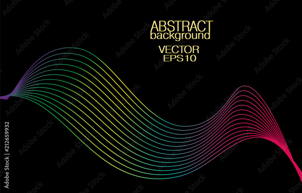 Spectral wave on a black background. Futuristic waves. Contrast squiggle abstraction. Vector energetic waveform. Vibrant multicolored waving lines. Glowing gradient wavy pattern. EPS10 illustration