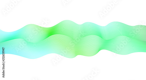 Abstract waveform of bright green tones. Vector wavy pattern on white background. Textured flowing waving ribbon. Glowing elegant curved waves. Line art design element. Summer, spring concept. EPS10