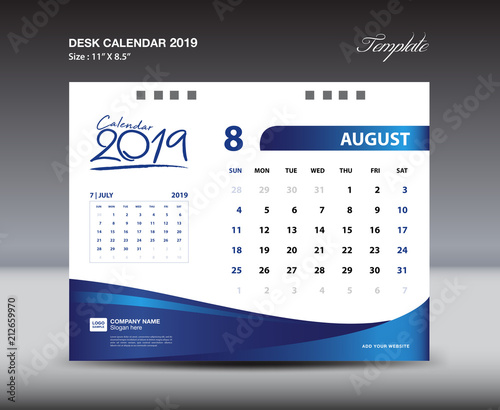 AUGUST Desk Calendar 2019 Template, Week starts Sunday, Stationery design, flyer design vector, printing media creative idea design, blue background