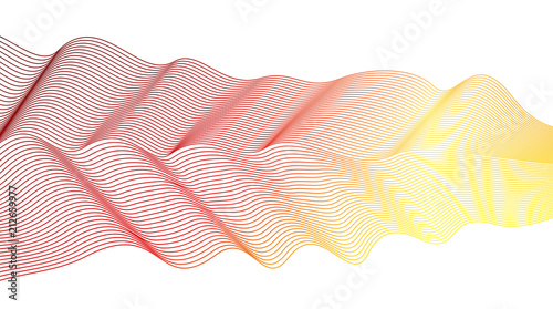 Vector red, yellow waving pleated ribbon on white background. Vibrant colored waving lines. Abstract futuristic line art design element. Flowing energetic waveform, scarf imitation. EPS10 illustration