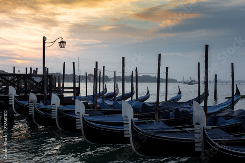 Moored goldolas in the early morning , Venice , Italy