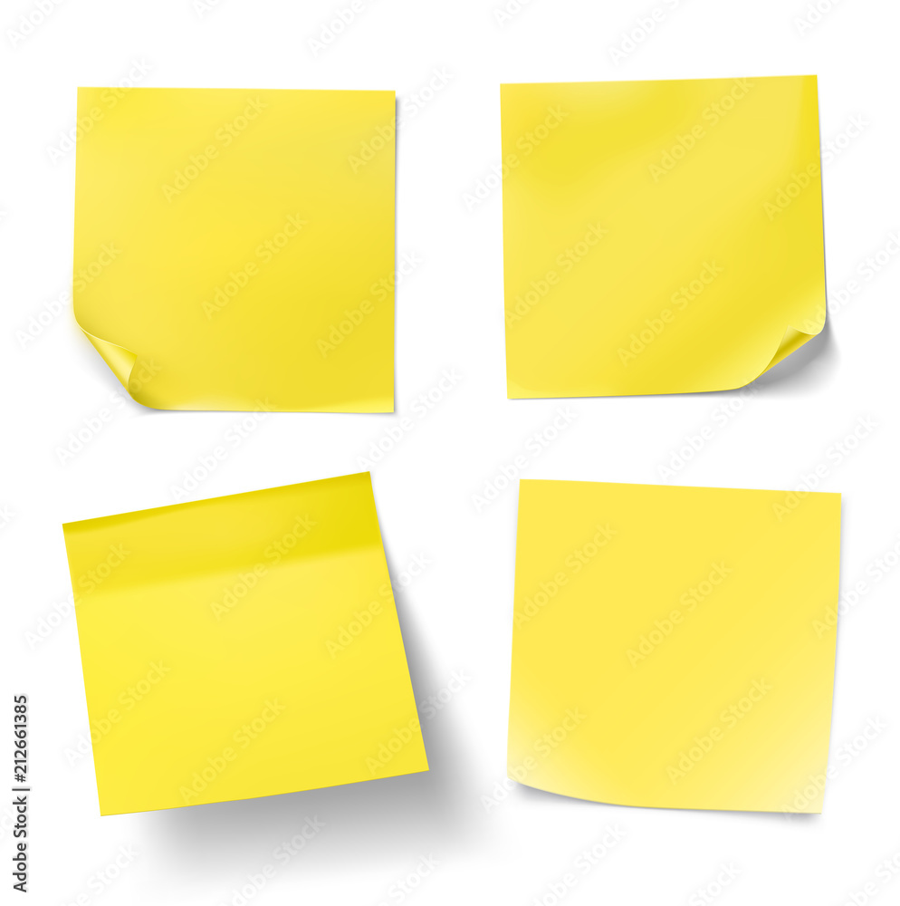 Yellow stick paper notes on white background. Vector illustration. Can be use for your design, presentation, promo, adv. EPS10.