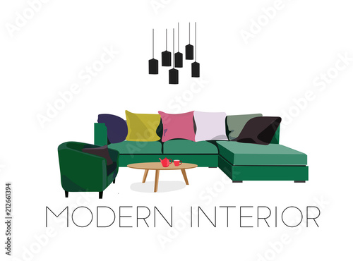cozy modern living room. interior design elements. modern interior. danish. bright and colorful furniture illustration. 