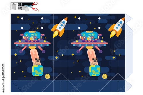 bright gift box with space orbit and earth and aliens . Stock image vector