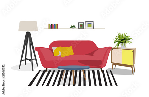 cozy modern living room. interior design elements. modern interior. danish. bright and colorful furniture illustration. 