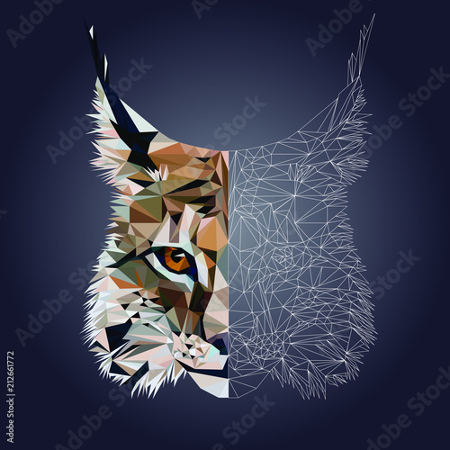 Low poly triangular lynx (bobcat) face on dark background, symmetrical vector illustration EPS 10 isolated.  Polygonal style trendy modern logo design. Suitable for printing on a t-shirt.