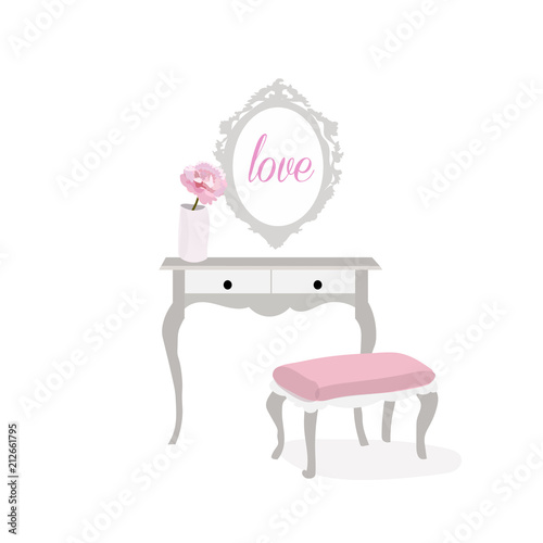 vector furniture illustration. antique retro dressing table interior design. vintage hand drawn sketch.