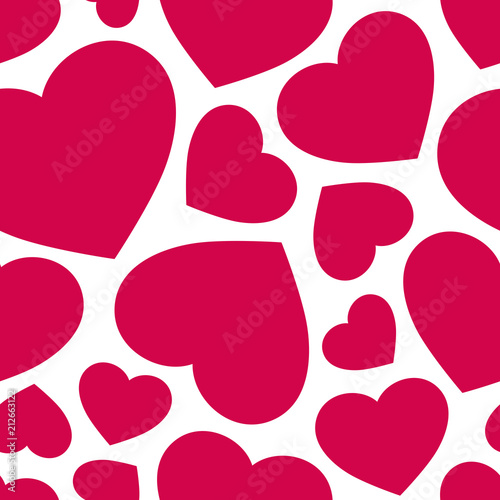 Love seamless pattern with red hearts. Valentine's day background. Vector abstract texture with big and small scattered hearts on white backdrop. Festive design for decoration, gift paper, covers