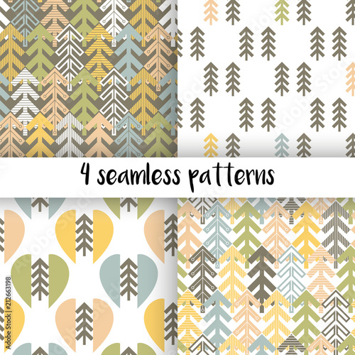 set of seamless patterns in scandinavian style. geometric spruce on a white background. vector illustration.