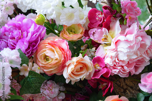 Composition of flowers roses  peonies and lilies. Close-up.