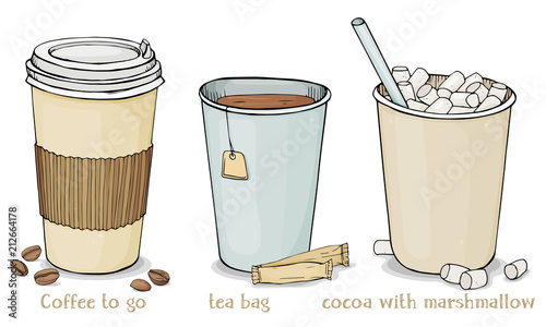 Set with hot drinks in paper cups to take away. Coffee, tea bags and cocoa with marshmallow. Colorful vector illustration on white background.