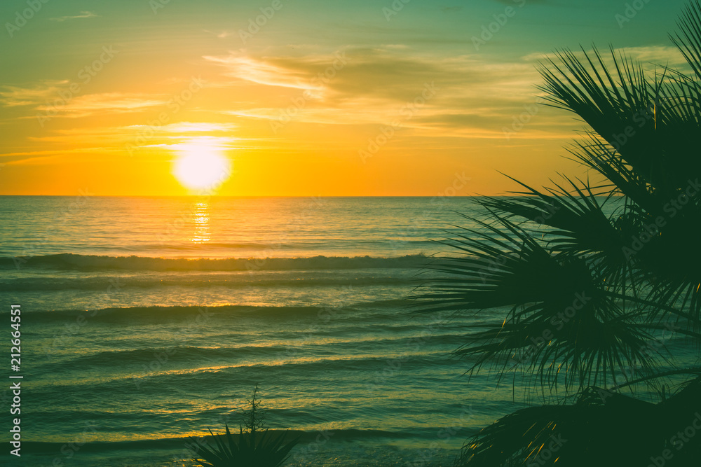 Splendid orange sunset by wavy sea with palm tree silhouette. Old fashioned twilight on the beach. Vintage effect