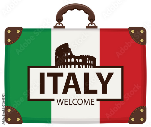 Vector travel banner with suitcase in colors of Italian flag with Ancient amphitheater Colosseum in Rome, Italy, the Italian national landmark. The inscription Italy welcome
