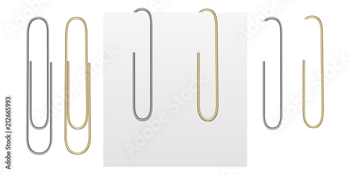 Set from vector realistic images of gold and silver paper clips. Paper clips attached to a sheet of paper. Images were created using gradiet mesh. Vector EPS 10 photo