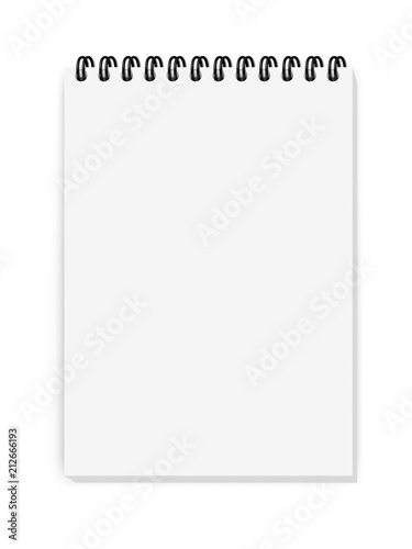 Vector realistic image(mock-up,  layout) of a notepad, located vertically, top view. White sheets of paper, fastened with a black spiral, A7 (105 mm * 74mm). Isolated on white, 3d. Vector EPS 10.