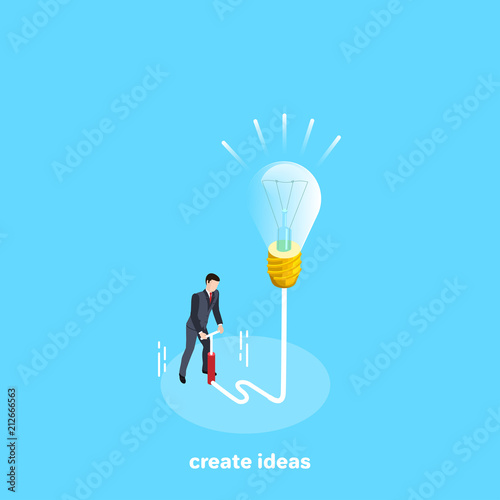 a man in a business suit with a pump blows a light bulb with ideas, an isometric image