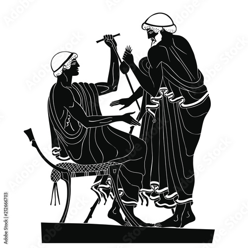 Two ancient Greek men with a staff and a purse of money in their hands are talking. Isolated black drawing on a white background.