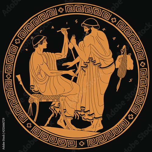 Two ancient Greek men with a staff and a purse of money in their hands are talking. Golden pattern on a black background.
