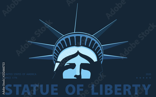 Portrait. Statue of Liberty USA, poster. 2018. Blue Linear Image. New York. National Symbol of America. Illustration, dark background. Use presentations,corporate reports, emblems,labels, logo,vector