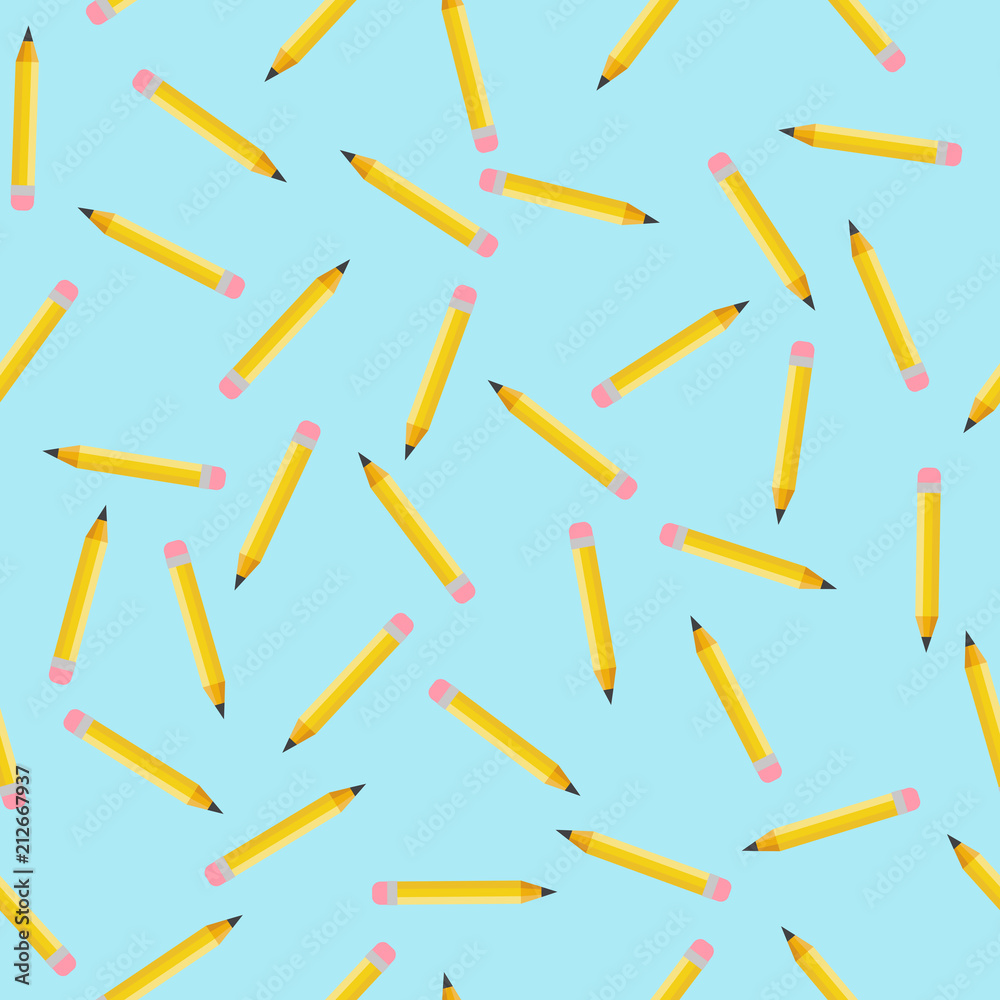 Yellow Pencils Seamless Vector Pattern Tile. Back to School Theme Repeating Print. Hexagonal Graphite Pencils Randomly Arranged on Pastel Blue Background. Pattern Swatch is Included.