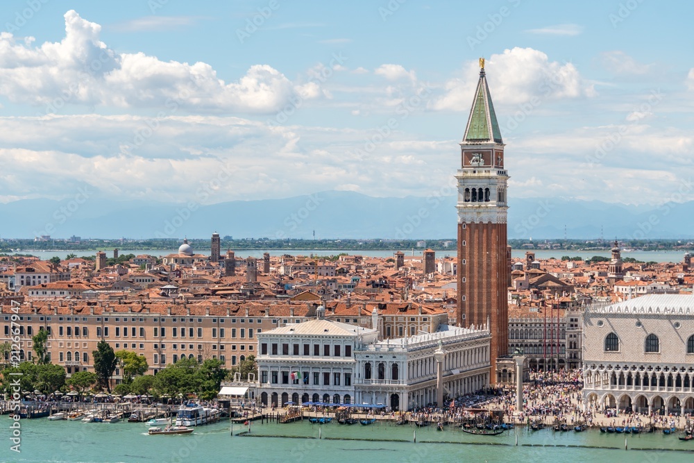 Aerial view on Venice city in Italy. Tower of San Marco.
