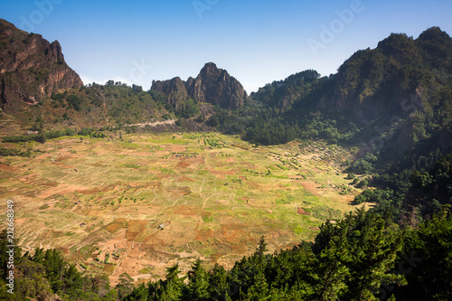 Cova Crater. Village inside the extinct volcano.   Santo Antao, Cape Verde