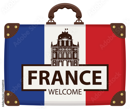Vector travel banner with suitcase in colors of french flag with the Louvre museum in Paris and inscription France welcome