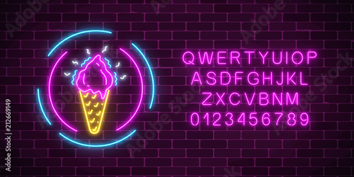 Glowing neon ice cream cone signboard in circle frames and alphabet. Fruit ice-cream in waffle cone.