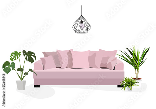 living room interior design botanical style, vector furniture home illustration.modern contemporary.