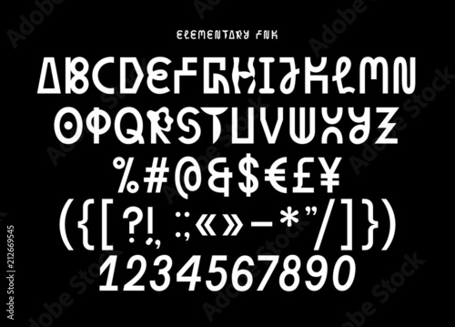 Monospaced fancy weird sans serif playful font, uppercase letters, symbols, numerals and punctuation, display typeface with two styles for posters, prints, invitations, identity design, children books