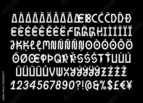 Monospaced fancy weird sans serif playful font, uppercase letters, symbols, numerals and punctuation, display typeface with two styles for posters, prints, invitations, identity design, children books