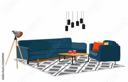 cozy modern living room. interior design elements. modern interior. danish. bright and colorful furniture illustration. 
