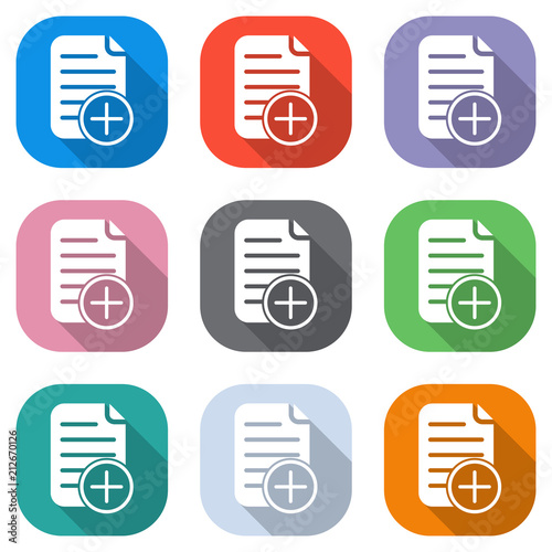 add document icon, paper and plus in circle. Set of white icons on colored squares for applications. Seamless and pattern for poster