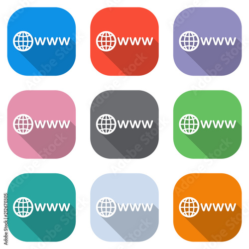 symbol of internet with globe and www. Set of white icons on colored squares for applications. Seamless and pattern for poster