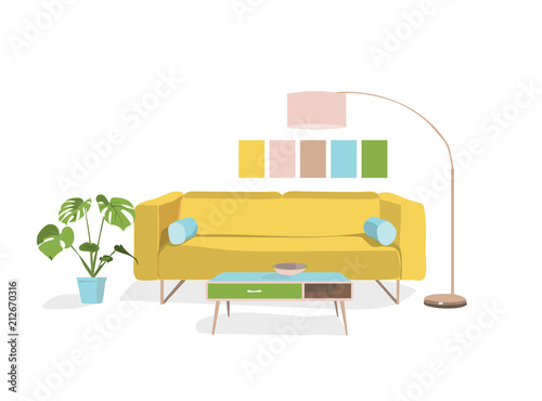 cozy modern living room. interior design elements. modern interior. danish. bright and colorful furniture illustration. 