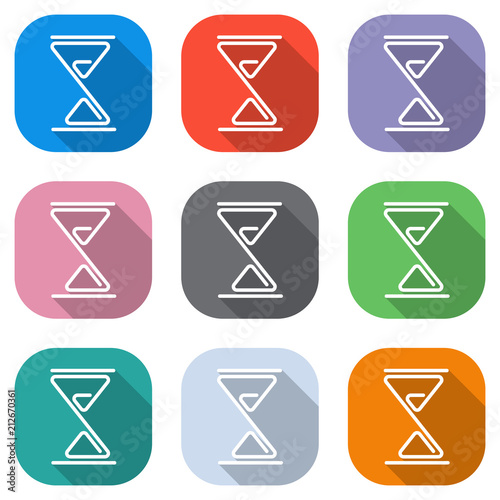hourglass, one line, outline symbol. Set of white icons on colored squares for applications. Seamless and pattern for poster