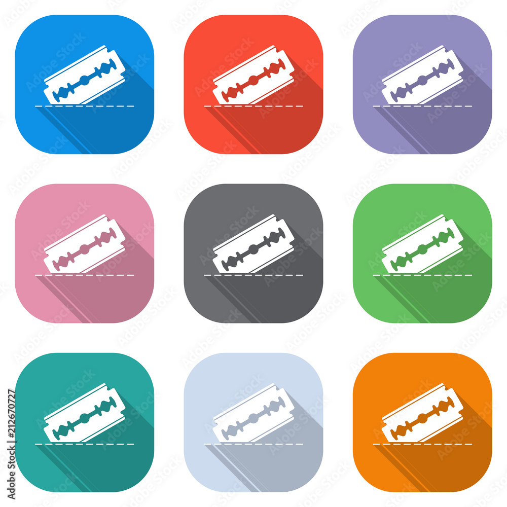 razor blade and cutting line. simple icon. Set of white icons on colored squares for applications. Seamless and pattern for poster razor blade and cutting line. simple icon. Set of white icons on colored squares for applications. Seamless and pattern for poster