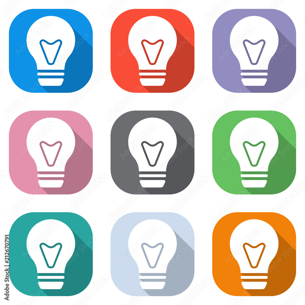 bulb, simple icon. Set of white icons on colored squares for applications. Seamless and pattern for poster bulb, simple icon. Set of white icons on colored squares for applications. Seamless and pattern for poster