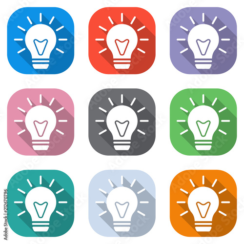 old bulb with light. simple single icon. Set of white icons on colored squares for applications. Seamless and pattern for poster
