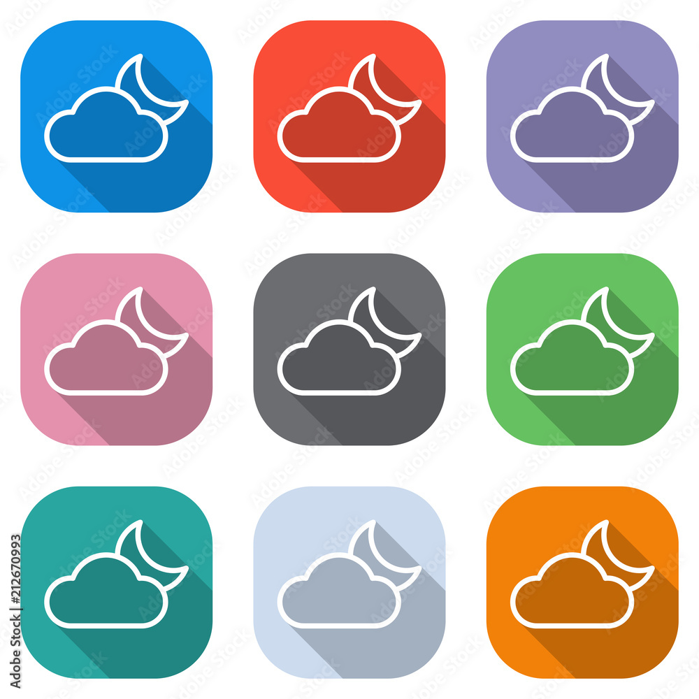 Mostly cloudy at night. Simple linear icon with thin outline. Set of white icons on colored squares for applications. Seamless and pattern for poster Mostly cloudy at night. Simple linear icon with thin outline. Set of white icons on colored squares for applications. Seamless and pattern for poster