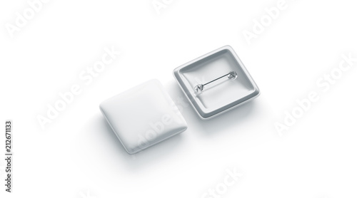 Blank white square badge mockup, front and back side, isolated, 3d rendering. Empty clear pin emblem mock up top view. Quadratic plastic volunteer label template.