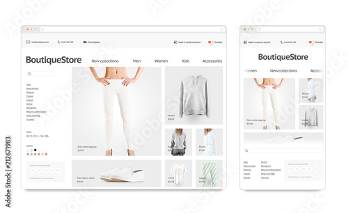 Fashion web store adaptivity template mock up set isolated, 3d rendering. Clothing web page interface mockup. Internet browsers website template. Websstore screen layout for computer display.