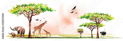 watercolor illustration of African wildlife, drawings of giraffes, elephants, eagles, birds and southern trees in the savannah
