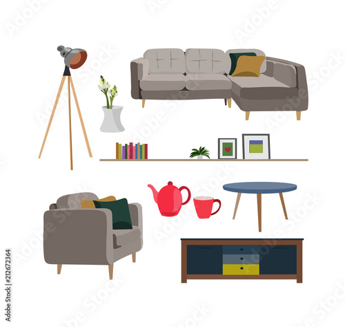 vector interior design illustration. collection set of elements. designer trendy furniture. table chair sofa lamp mirror plant chest table armchair. modern and retro. contemporary danish. mid century