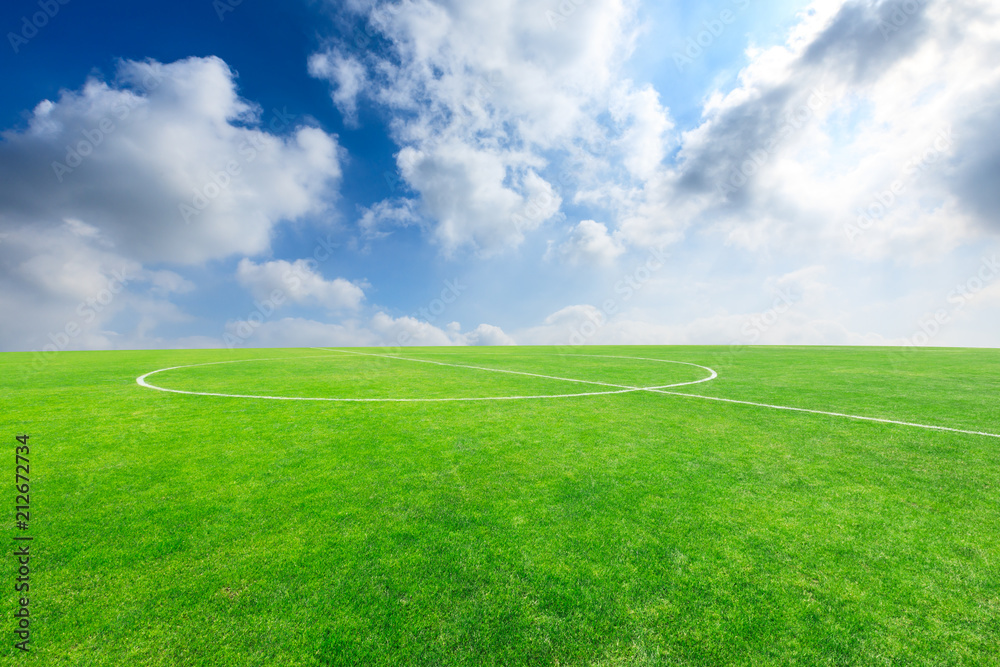 Green football field under blue sky background Stock Photo Adobe Stock