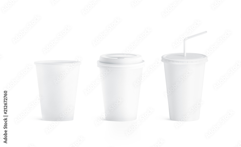 Blank white small paper cup with and without lid mockup, isolated, 3d rendering. Empty paper soda drinking mug mock up with cap and straw. Clear soft drink cola take away plastic package Blank white small paper cup with and without lid mockup, isolated, 3d rendering. Empty paper soda drinking mug mock up with cap and straw. Clear soft drink cola take away plastic package